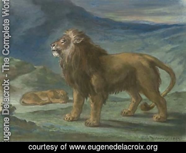 Eugene Delacroix - Lion et lionne dans les montagnes