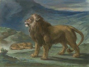 Eugene Delacroix - Lion et lionne dans les montagnes