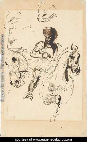A man in armour on horseback, with studies of a horse's head and cats' heads