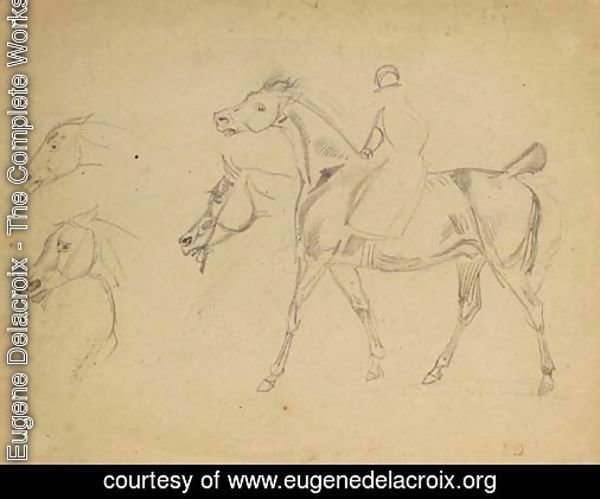A figure riding a horse in profile to the left, with three subsidiary studies of the horse's heads