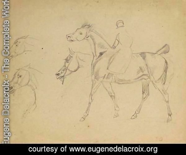 Eugene Delacroix - A figure riding a horse in profile to the left, with three subsidiary studies of the horse's heads