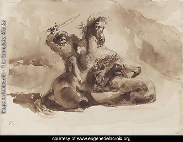 Horse and Rider Attacked by a Lion