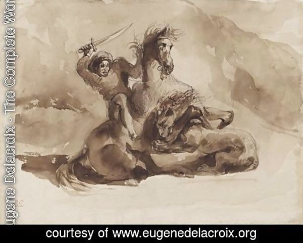 Eugene Delacroix - Horse and Rider Attacked by a Lion