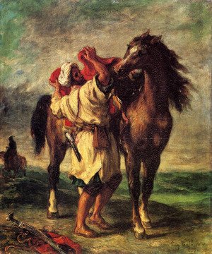 Eugene Delacroix - A Moroccan Saddling A Horse