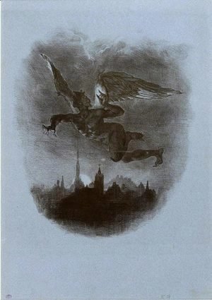 Eugene Delacroix - Mephistopheles Over Wittenberg (From Goethe's Faust) 1839