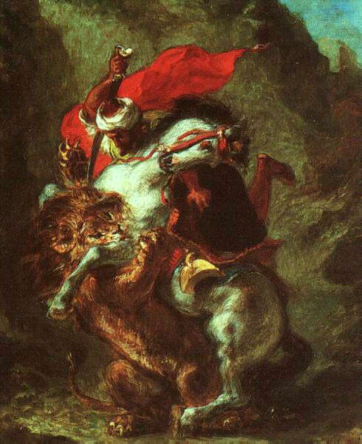 arab horseman attacked by a lion (1849) by EUGÈNE DELACROIX