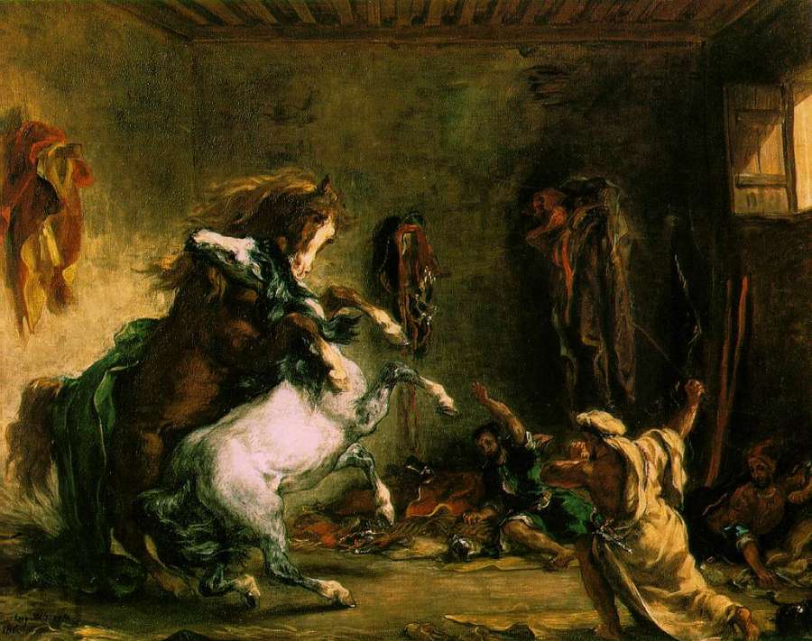Arabian Horses Fighting in a Stable by EUGÈNE DELACROIX