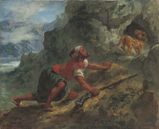 Arab stalking a lion by EUGÈNE DELACROIX