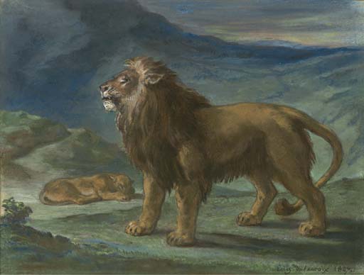 Lion et lionne dans les montagnes by EUGÈNE DELACROIX