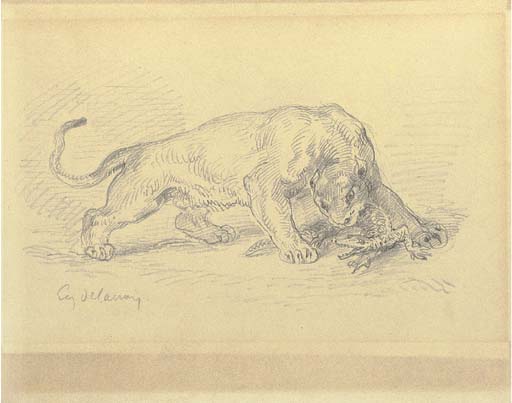 A lioness attacking a crocodile by EUGÈNE DELACROIX