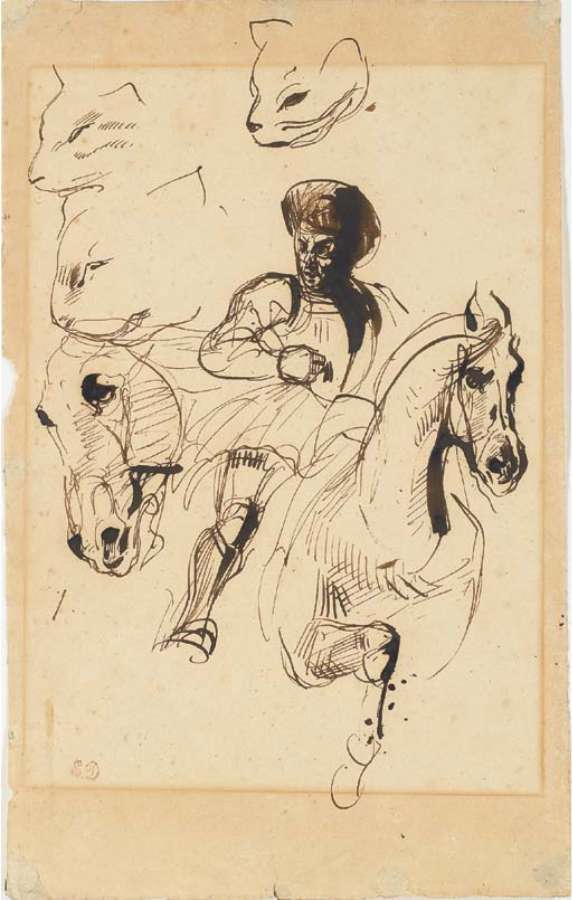 A man in armour on horseback, with studies of a horse's head and cats' heads by EUGÈNE DELACROIX