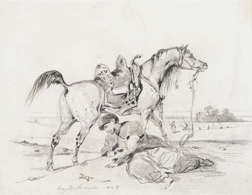 A stallion in profile to the right, an arab crouching in the foreground by EUGÈNE DELACROIX