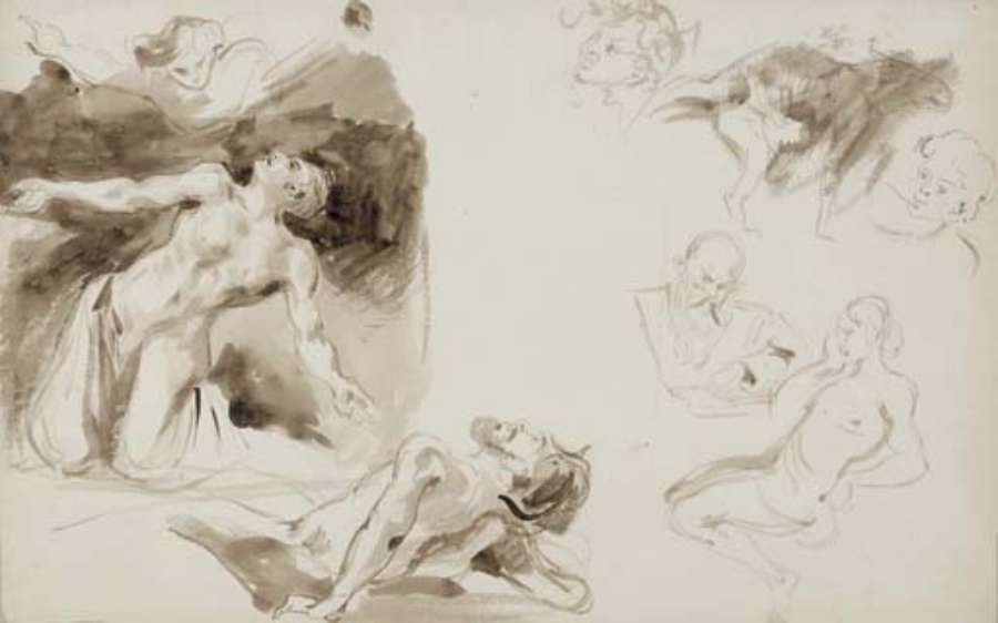 Un ange apparat aA  un saint agenouille, un homme nu allonge, une femme nue assise, trois tetes et un chat by EUGÈNE DELACROIX