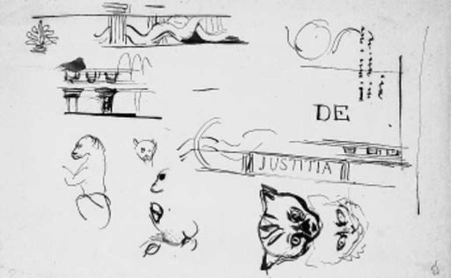 A sheet of studies of the heads of cats, architectural motifs and after the antique decoration for the Chambre de Deputes, Paris by EUGÈNE DELACROIX