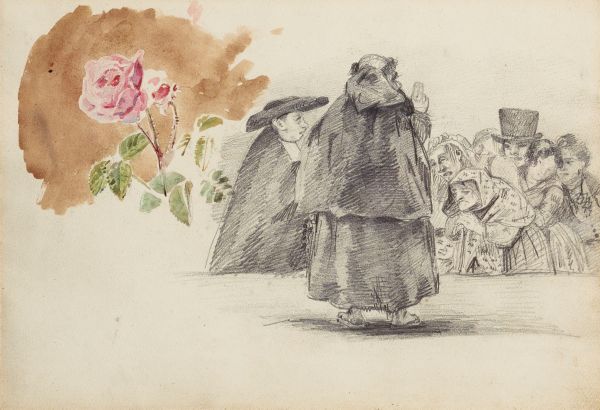 Etudes De Personnages, Probablement D'Apres Goya, Et Etude De Rose by EUGÈNE DELACROIX