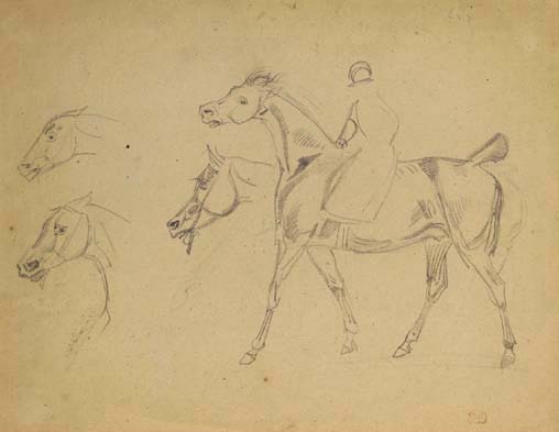 A figure riding a horse in profile to the left, with three subsidiary studies of the horse's heads by EUGÈNE DELACROIX