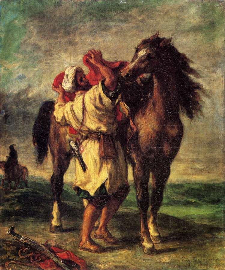 A Moroccan Saddling A Horse by EUGÈNE DELACROIX