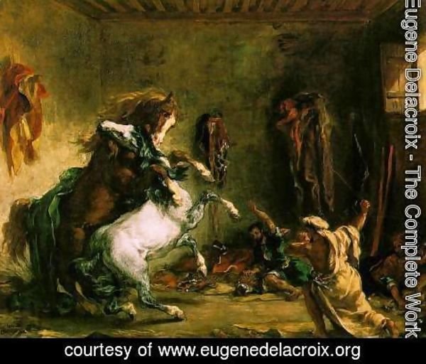 Eugene Delacroix - Arabian Horses Fighting in a Stable