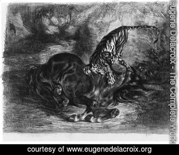 Eugene Delacroix - Cheval sauvage terrasse par un Tigre