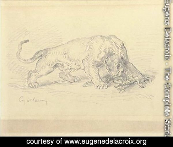 Eugene Delacroix - A lioness attacking a crocodile
