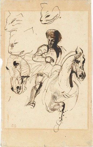 A man in armour on horseback, with studies of a horse's head and cats' heads