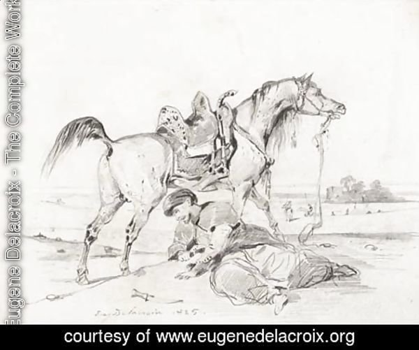 Eugene Delacroix - A stallion in profile to the right, an arab crouching in the foreground