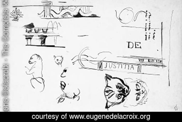 A sheet of studies of the heads of cats, architectural motifs and after the antique decoration for the Chambre de Deputes, Paris