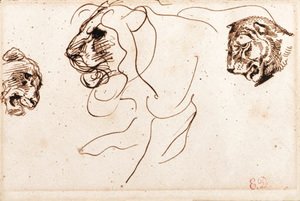 Eugene Delacroix - Three heads of lions