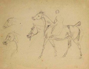 Eugene Delacroix - A figure riding a horse in profile to the left, with three subsidiary studies of the horse's heads