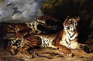 Eugene Delacroix - A Young Tiger Playing with its Mother 1830