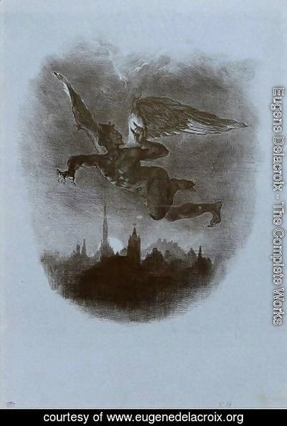 Eugene Delacroix - Mephistopheles Over Wittenberg (From Goethe's Faust) 1839